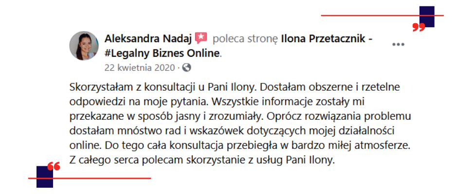 Indywidualna obsługa prawna - opinia klienta na temat usług Ilony Przetacznik, radcy prawnego.