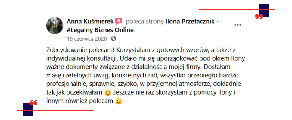 Indywidualna obsługa prawna - opinia klienta na temat usług Ilony Przetacznik, Legalny Biznes Online.