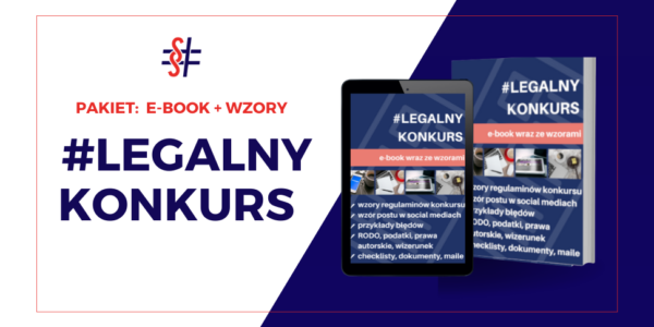 Pakiet #Legalny Konkurs - e-book +wzory autorstwa Ilony Przetacznik, radcy prawnego. Na grafice: e-book ze wzorami konkursu w social mediach.