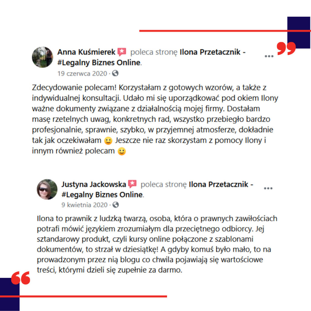 Screeny opini, dotyczące działalności Ilony Przetacznik, radcy prawnego.