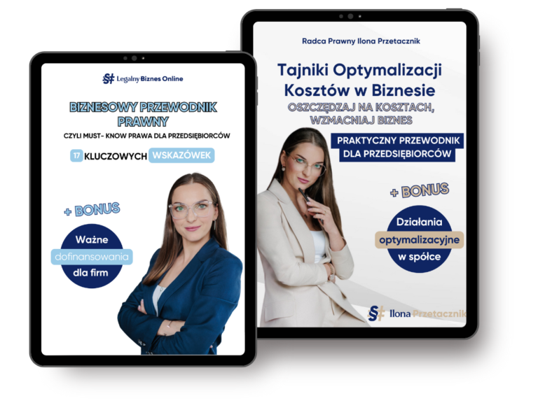 Mockupy dwóch ebooków prawnych: Koszty w działalności i 17 wskazówek prawnych dla przedsiębiorcy